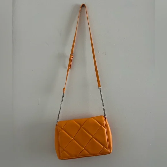 Orange Quilted Chain Shoulder Cross Body Adjustable Fall Bag Purse - Picture 2 of 5